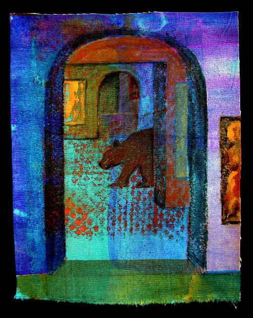 Acrylic painting of a dream by Jenny Badger Sultan. A bear wanders the museum. Click to enlarge