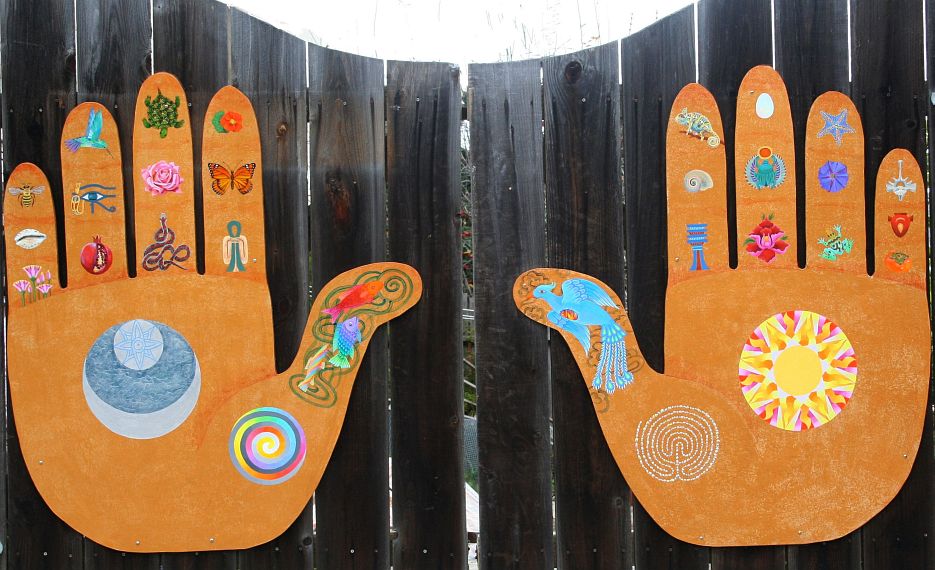 Twin acrylic paintings on gates, 'Blessing Hands', by Jenny Badger Sultan. Click to enlarge