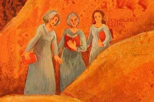 Dream painting titled 'Born in a Cave' by Jenny Badger Sultan. Detail: The Scholars' Club. Three women in gray gowns carry books.