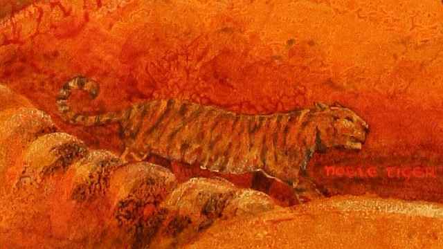 Dream painting titled 'Born in a Cave' by Jenny Badger Sultan. Detail: The Noble Tiger. A Bengal tiger in profile amid red rocks.