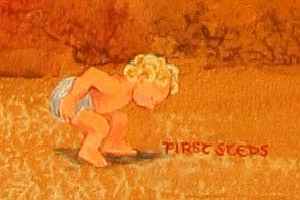 Dream painting titled 'Born in a Cave' by Jenny Badger Sultan. Detail: 'First Steps'. A toddler, bent over, walks on an ochre flat; red rocks behind.