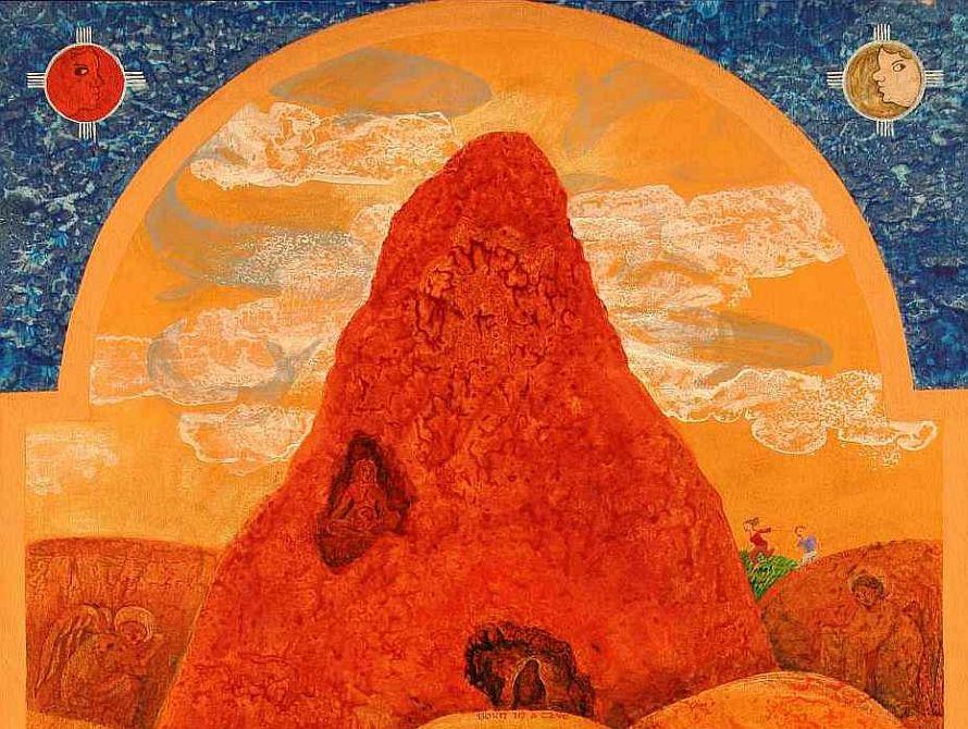 Dream painting titled 'Born in a Cave' by Jenny Badger Sultan. Detail: Gold sky, whale-like clouds, a red rocky peak with caves where women sit meditating.