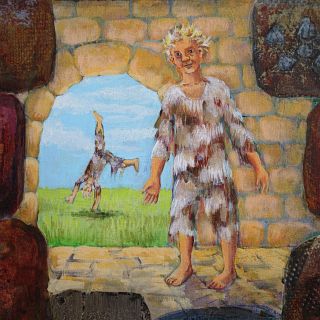 Detail of a dream-painting by Jenny Badger Sultan: a manic boy in ragged clothing.