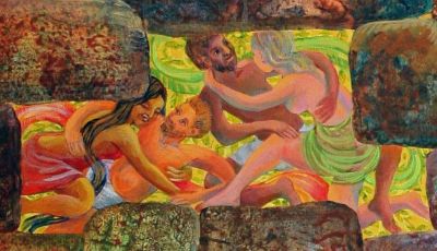 Detail of a dream-painting by Jenny Badger Sultan: two couples making love.