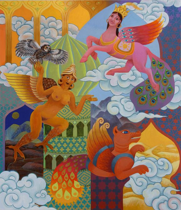 'Buraq, Lilith and the Simurgh', painted by Jenny Badger Sultan. Click to enlarge