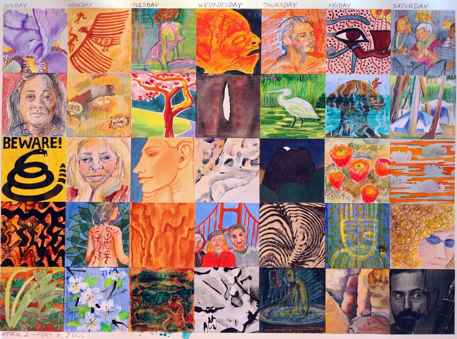 Painted calendar for April 2 to May 6, 2000, by Jenny Badger Sultan. Click to enlarge