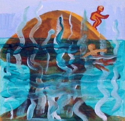 Detail from painted calendar for April 23 to May 6, 2000, by Jenny Badger Sultan: swimming and diving off a giant mushroom.