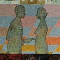 Detail of acrylic painting, 'The Child's Room', by Jenny Badger Sultan: man points gun at woman's belly.