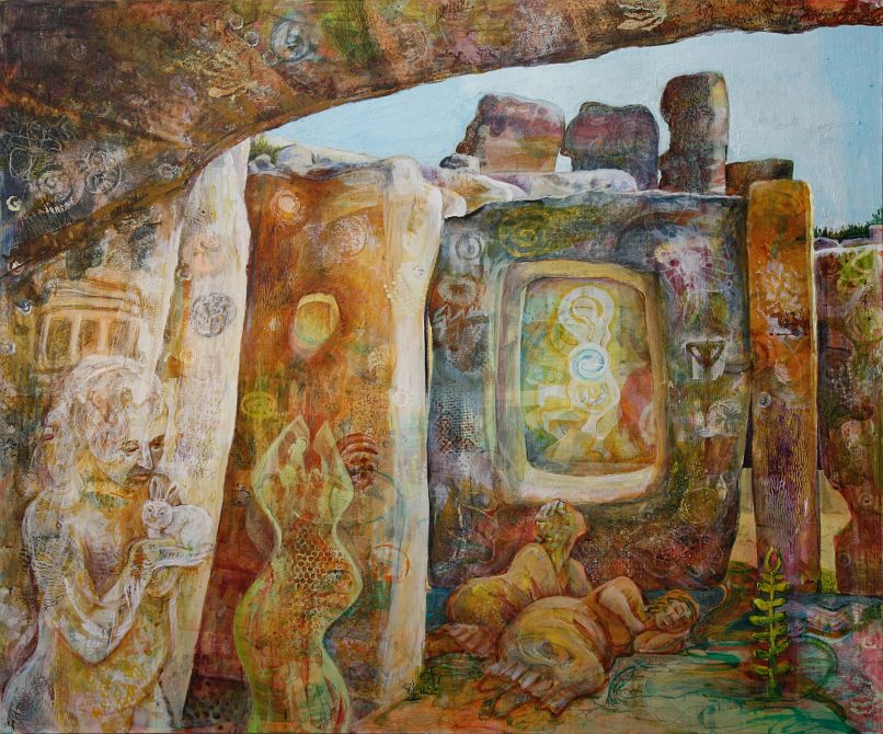 Acrylic painting, 'Circle of Life Renewing--Hagar Qim', by Jenny Badger Sult6an. Under a stone arch, a woman holds a tiny rabbit. More women sleep amid rocks covered in pictographs. Click to enlarge.