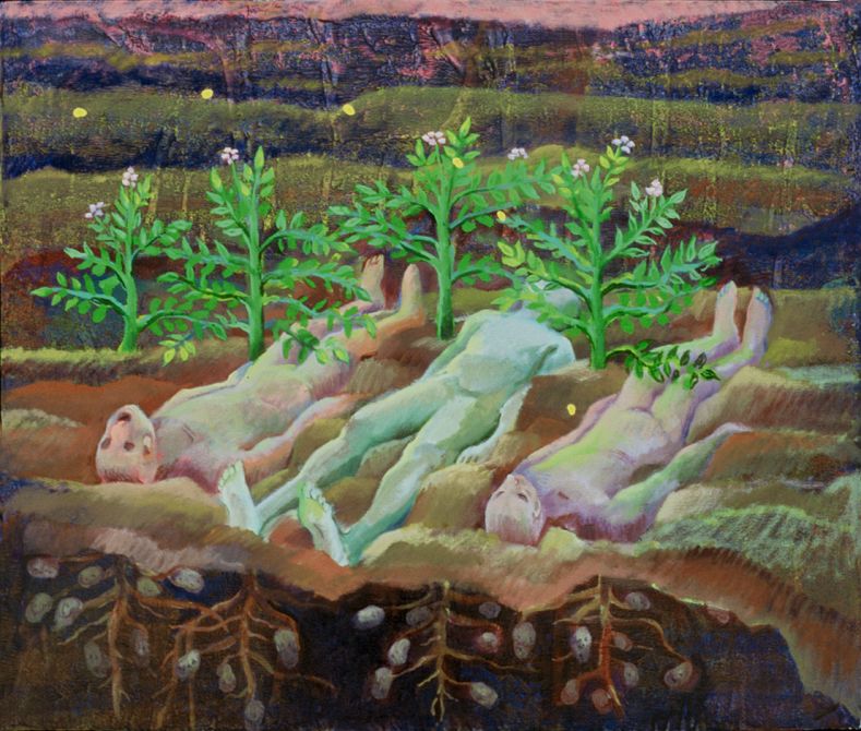 Painting titled 'Corpses in the Upper Room', by Jenny Badger Sultan. Click to enlarge