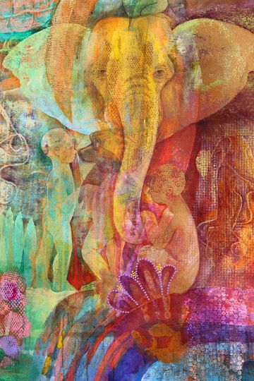 Detail of acrylic painting, 'Deep Time', by Jenny Badger Sultan, showing elephant and children. Click to enlarge