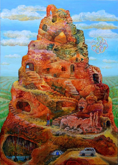 Acrylic painting by Jenny Badger Sultan: 'Descending the Mountain Tower'. Click to enlarge.