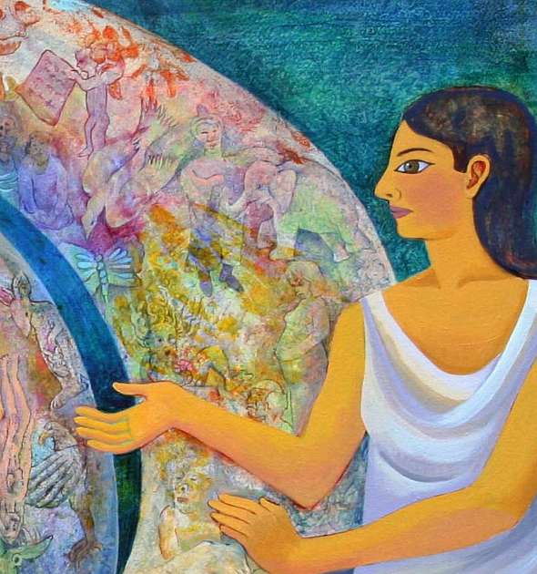 Detail of a painting by Jenny Badger Sultan, 'Dream of the Fate of the Earth'. One of two women guarding the fate of the Earth. She's in a white robe, seen in profile, ancient Egyptian style.
