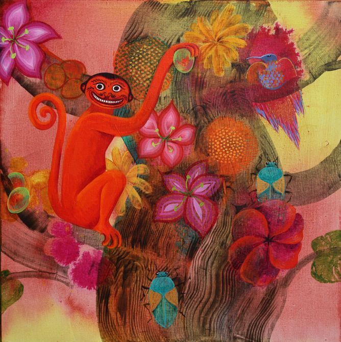 Acrylic painting, 'Hanuman Steals a Mango from the Tree of Life', by Jenny Badger Sultan. Click to enlarge