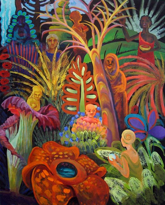 Painting titled 'In the Garden--Gifts of the Mothers', by Jenny Badger Sultan. Click to enlarge