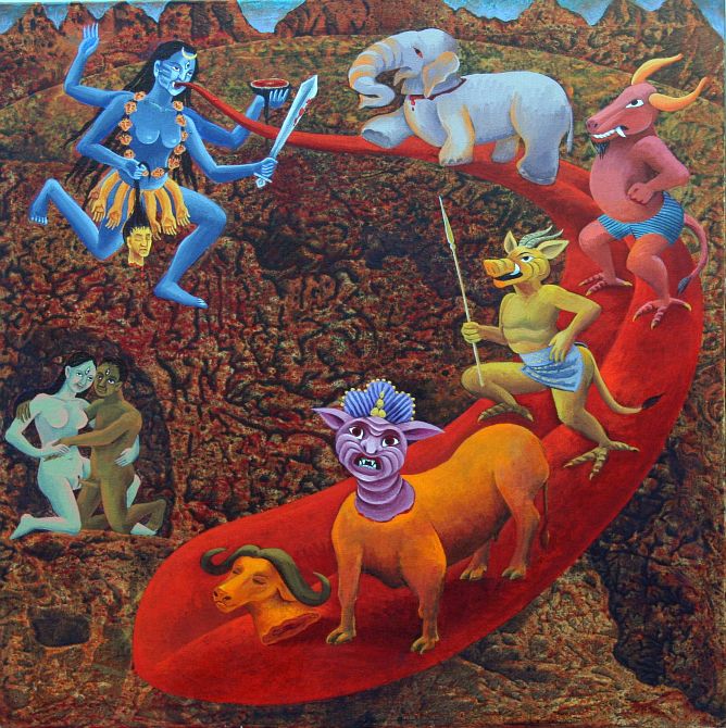 Acrylic painting, 'Kali Vanquishes the Demon Army', by Jenny Badger Sultan. Click to enlarge