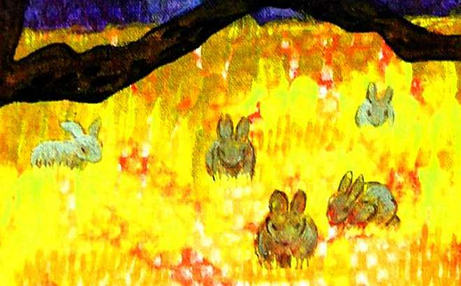 Detail of acrylic painting of a dream by Jenny Badger Sultan: 'Little Brown Rabbits in the Meadow'.
