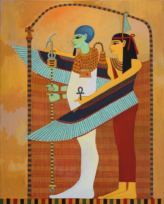 Acrylic painting by Jenny Badger Sultan. Egyptian gods Ma'at (right) and Ptah (left). Click to enlarge