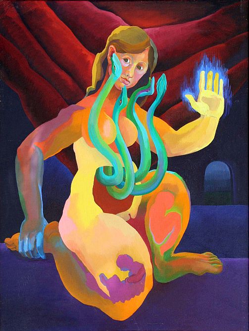 Acrylic painting, 'Madonna of the Snakes', by Jenny Badger Sultan. Click to enlarge