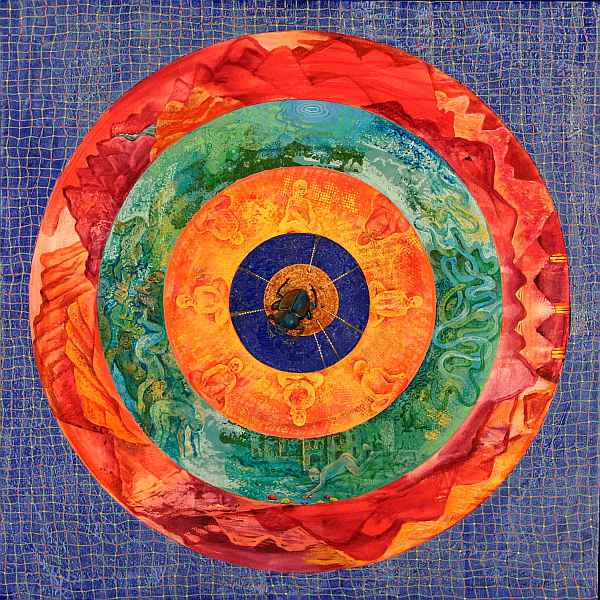 An acrylic mandala painted by Jenny Badger Sultan. Blue tile-like background; red ring of mountains cradles a bluegreen ring of snakes and human figures; eight meditating silhouettes on gold surround a scarab beetle on blue and gold in the center. Click to enlarge