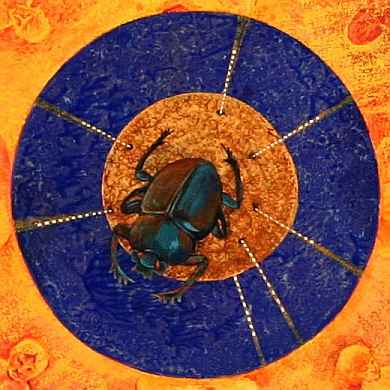 Acrylic painting by Jenny Badger Sultan of a mother scarab on a blue background; dream image.