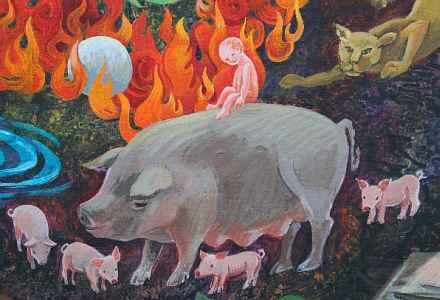 Detail of dream painting by Jenny Badger Sultan: a baby rides a huge pig; piglets surround them