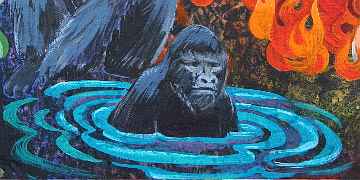 Detail of dream painting by Jenny Badger Sultan: Gorilla emerging from a pool