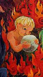 Detail of dream painting by Jenny Badger Sultan: child cradling stone amid flames