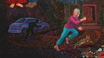 Detail of dream painting by Jenny Badger Sultan: woman and cat flee a shadowy figure into a house
