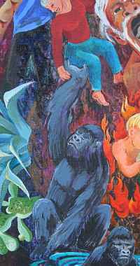 Detail of dream painting by Jenny Badger Sultan: a gorilla lifts her high up.
