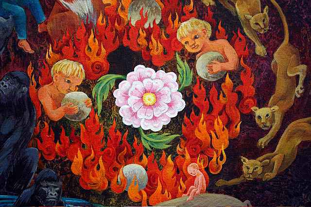 Detail of an acrylic mandala by Jenny Badger Sultan: dream creatures circle a ring of fire where children cradle stones; in the center is a white and magenta flower