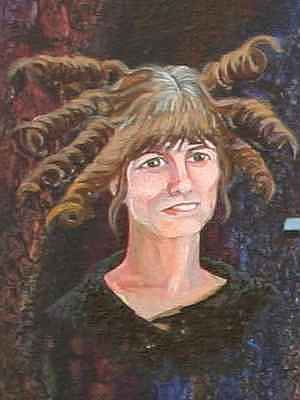 Detail of dream painting by Jenny Badger Sultan: face of dreamworker Stephanie Van Zandt Nelson, with springy brown curls