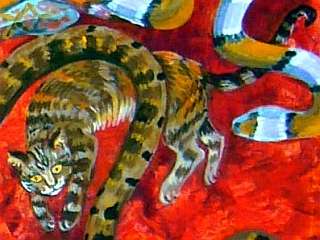 Detail of a painting of a dream by Jenny Badger Sultan. Amid red rocks, Lulu the cat slips between snakes.