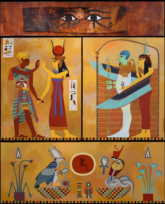 Four paintings of Egyptian gods: Eyes of Horus at top, Ramesses and Isis on left, Ma'at and Ptah on right, Nekhbet and Wadjyt at bottom. Click to enlarge