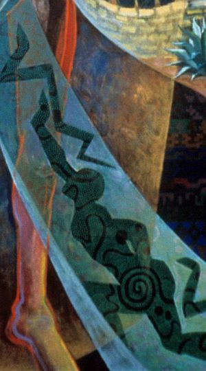 Detail of acrylic painting, 'Mother Guide': pictograph of woman with labyrinth-tattoos chasing zigzag snakes, by Jenny Badger Sultan.
