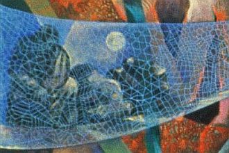 Detail of acrylic painting, 'Mother Guide': night, a bundled, hooded woman by rocks under netting, by Jenny Badger Sultan.