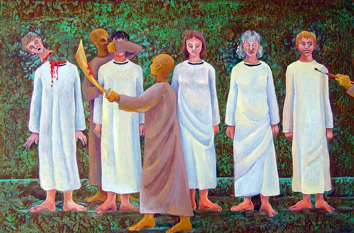 Painting of a dream by Jenny Badger Sultan. A line of people in white robes passively wait to be beheaded.