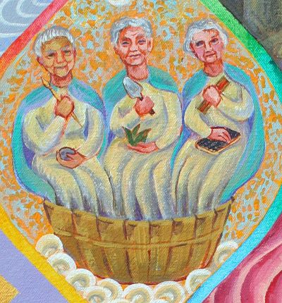 Detail of acrylic painting, 'Personal Excavations': three women in a tub, by Jenny Badger Sultan.