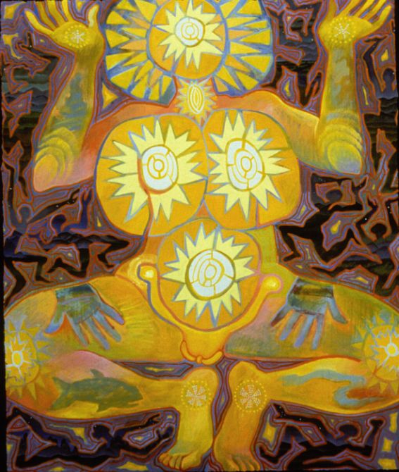 Acrylic painting, 'Radiant Body and the Warriors', by Jenny Badger Sultan; click to enlarge.
