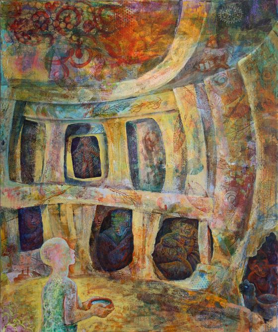 Acrylic painting, 'Radiant Light--Dreaming in the Hypogeum', by Jenny Badger Sultan. Click to enlarge