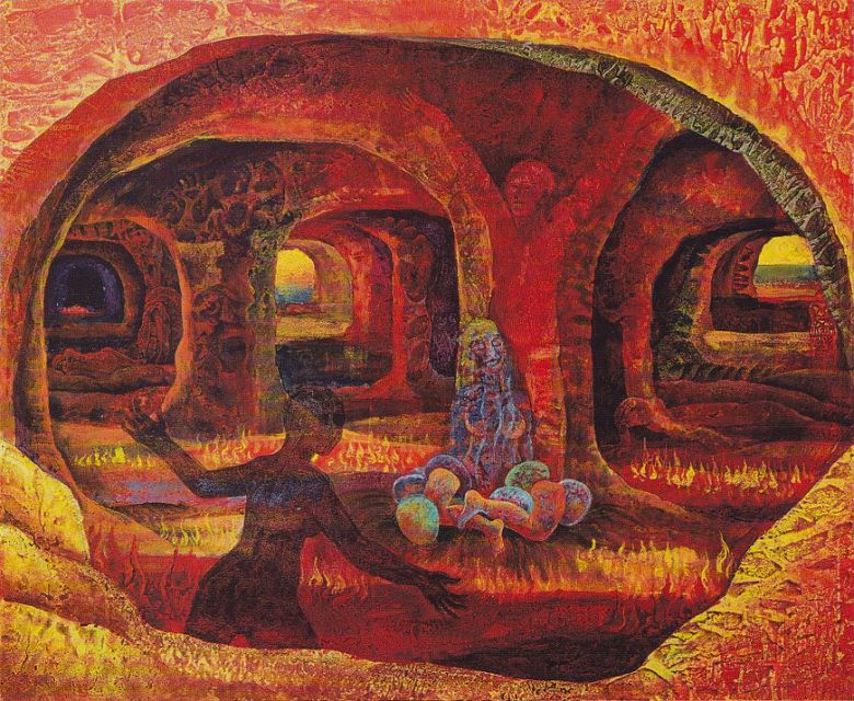 dream-based acrylic painting, 'Transformation in the Caves', by Jenny Badger; 1993, 60