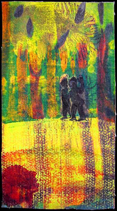 Acrylic painting of a dream by Jenny Badger Sultan: ' Two Gorillas in the Field; One Waves to Me.'