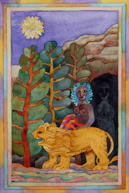 Watercolor, 'Al-Uzza Rides her Lion', by Jenny Badger Sultan. Click to enlarge