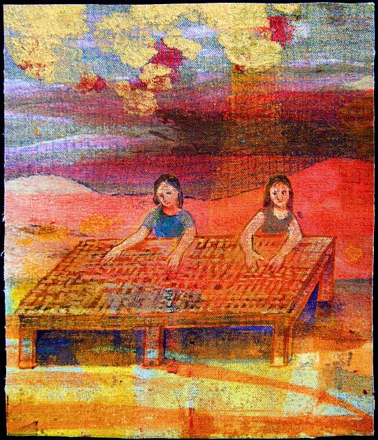 Acrylic painting of a dream by Jenny Badger Sultan: ' Weaving Mats'.