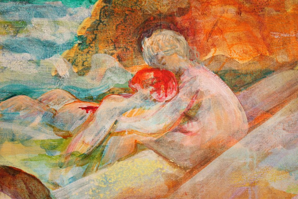 Detail of painting, 'When Blood Flows, the Danger is Past': dream of a bloody woman in the water, by Jenny Badger Sultan. Click to enlarge