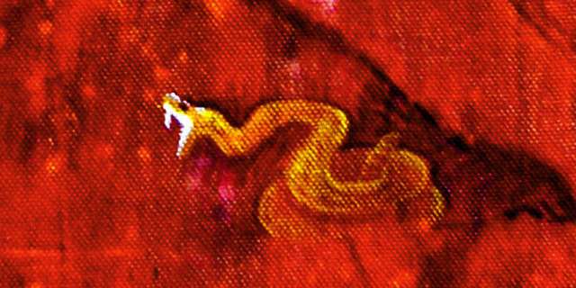 Close-up of rattlesnake rearing; detail of an acrylic painting of a dream by Jenny Badger Sultan: 'Will I be Bitten?'