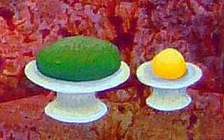 Acrylic painting by Jenny Badger Sultan of a dream: a green and a yellow oval fruit, in separate serving bowls on stands.